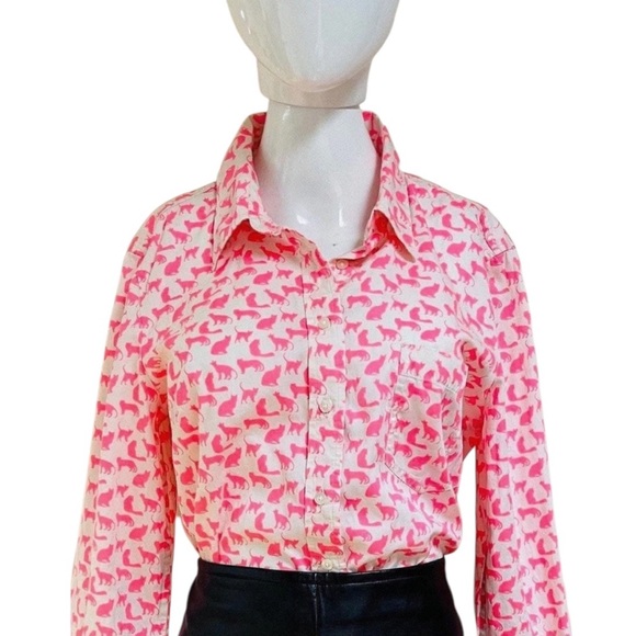 GAP | Neon Pink Novelty Cat Print Women’s Boyfriend Button Down Shirt | L - Picture 3 of 7